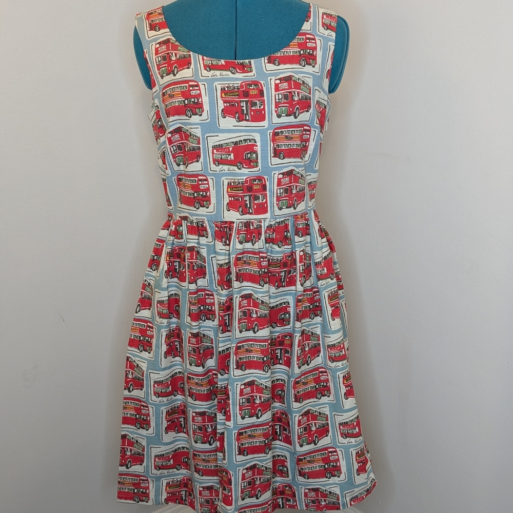 Cath Kidston Blue and Red Bus Print Sleeveless Dress NWOT sz UK 10/US 6
